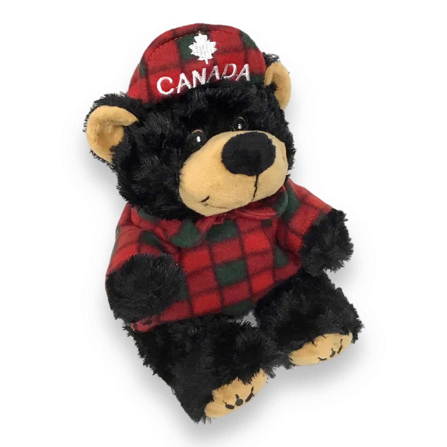Black Teddy Bear Stuffed Animal Plush with Plaid Red/Green Hat & Sweater Canada Maple Embroidery
