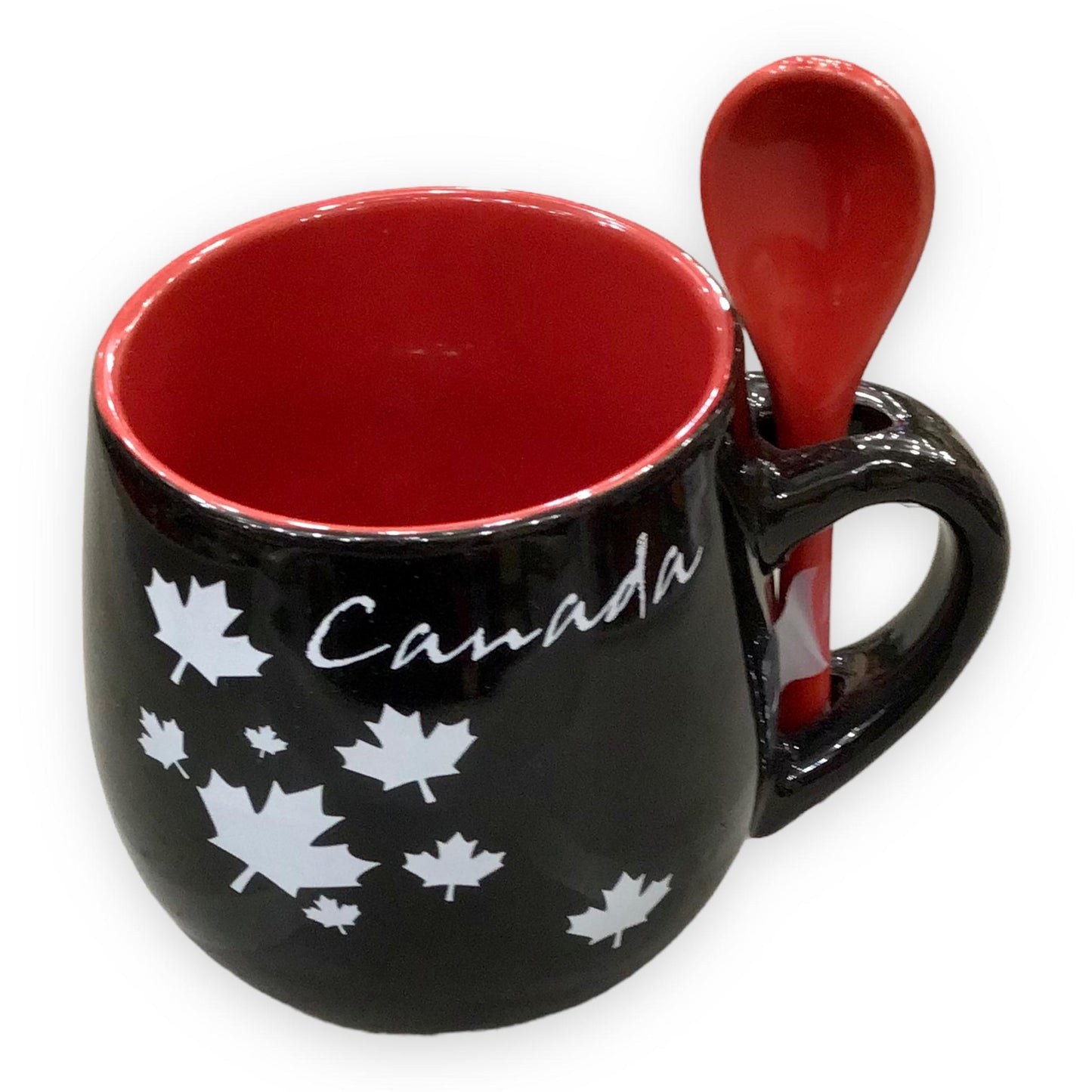 Coffee Mug W/ Spoon Red & Black Or Black & Red Canada Maple Leaf Ceramic