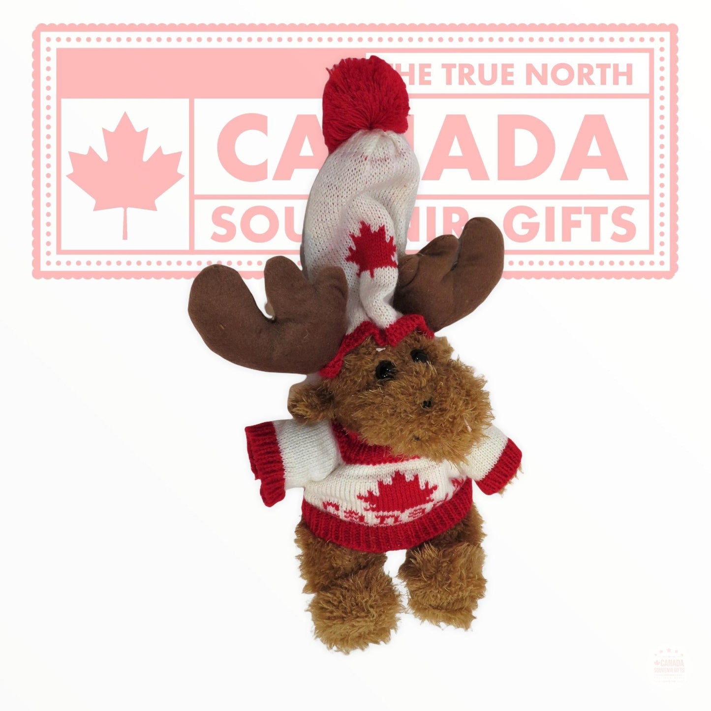 Canadian moose stuffed animal wearing sweater