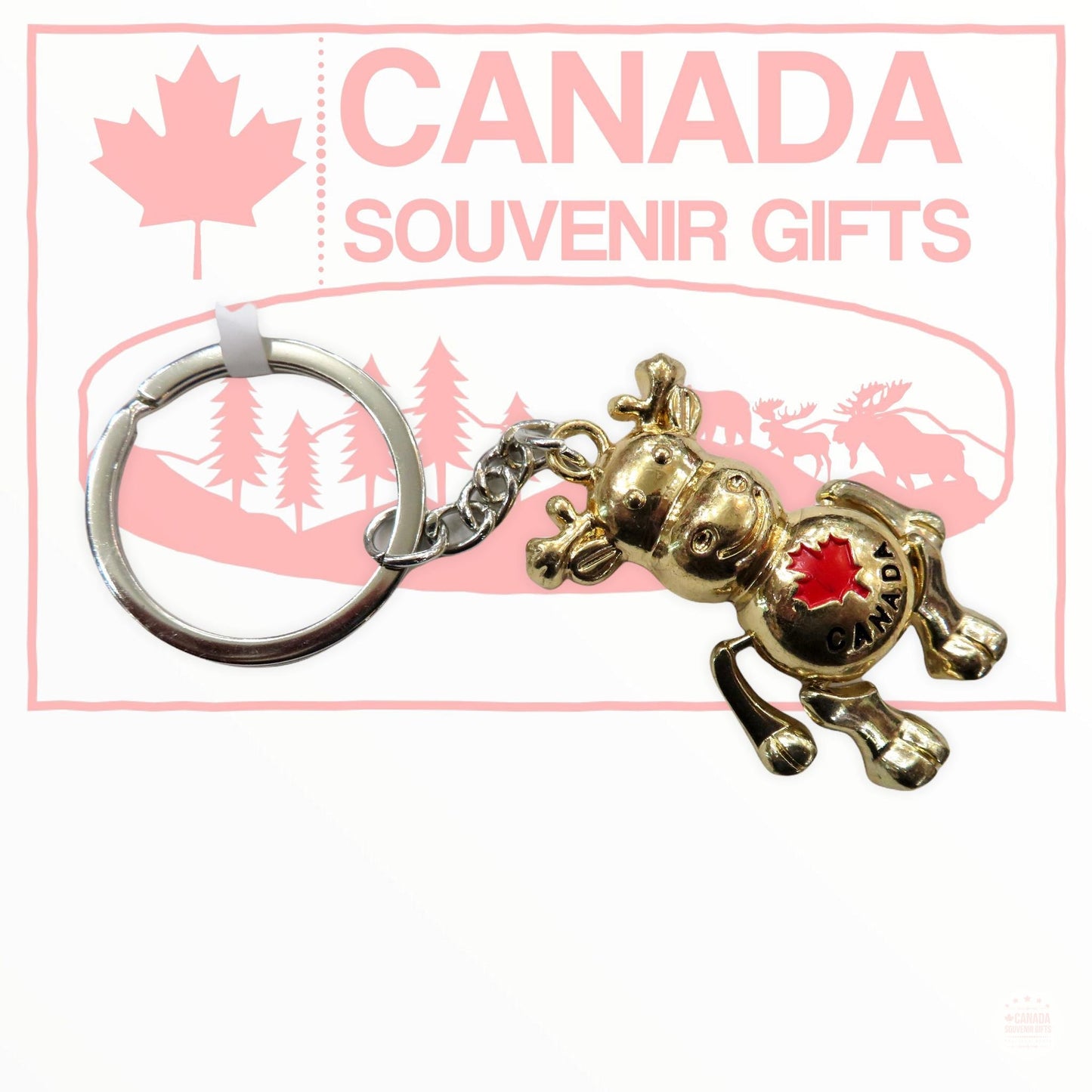 Keyring - Canada Red Maple Leaf , Gold Moose Metal Keychain