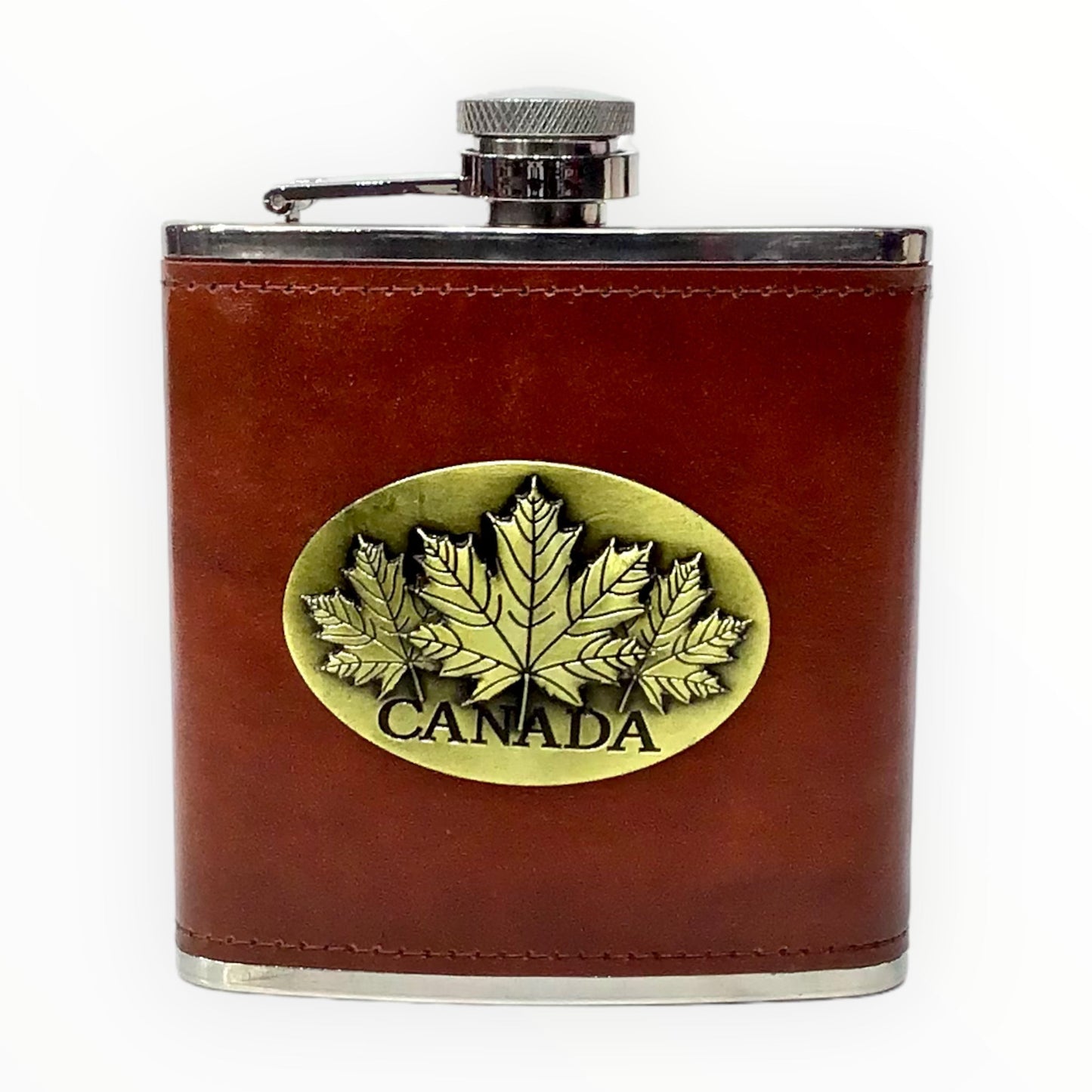 Leather Liquor Flask, 6-Ounce, Brown with Maple Leaf 3D Metal Theme