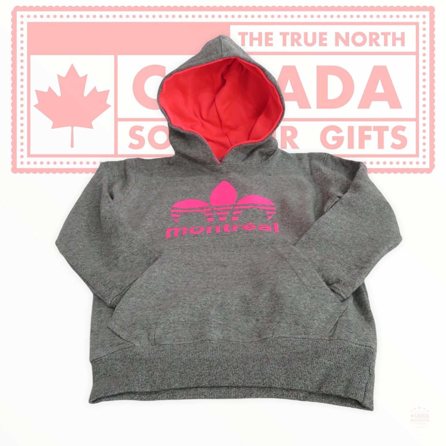 Montreal Adidas Pink on Grey Heritage Pullover Hoodie Youth Girls 8-14 Years Old Kids