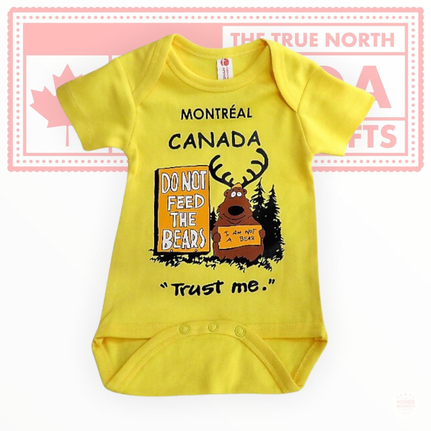 Montreal TRUST ME Moose Onesie, Yellow 3M - 18M Onesie, Canadian Onesie, Bodysuit, Baby Shower Gift, Vintage, Unisex Onesie