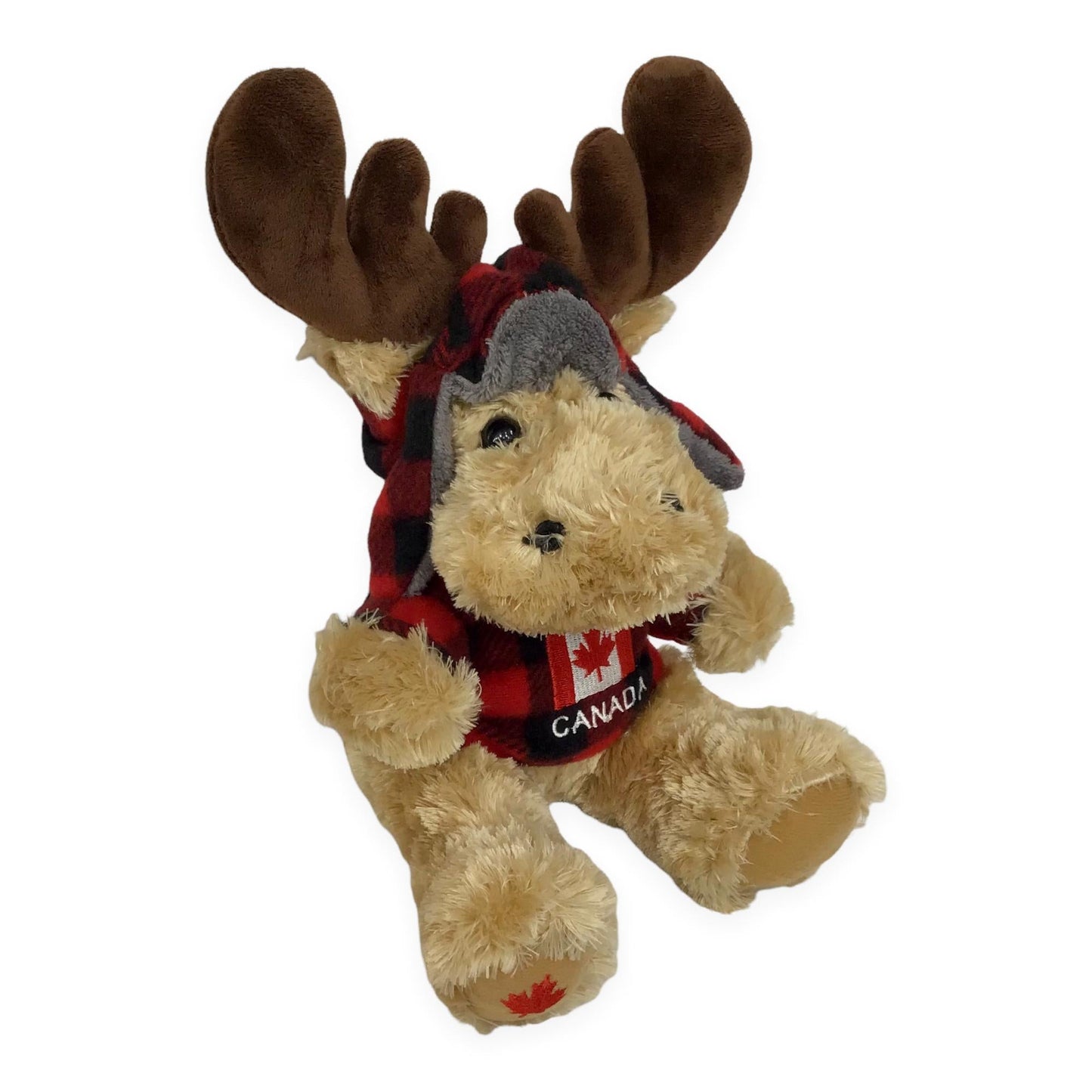 Moose stuffed animal plush wearing a buffalo plaid shirt and a hat with Canada Flag gift toy