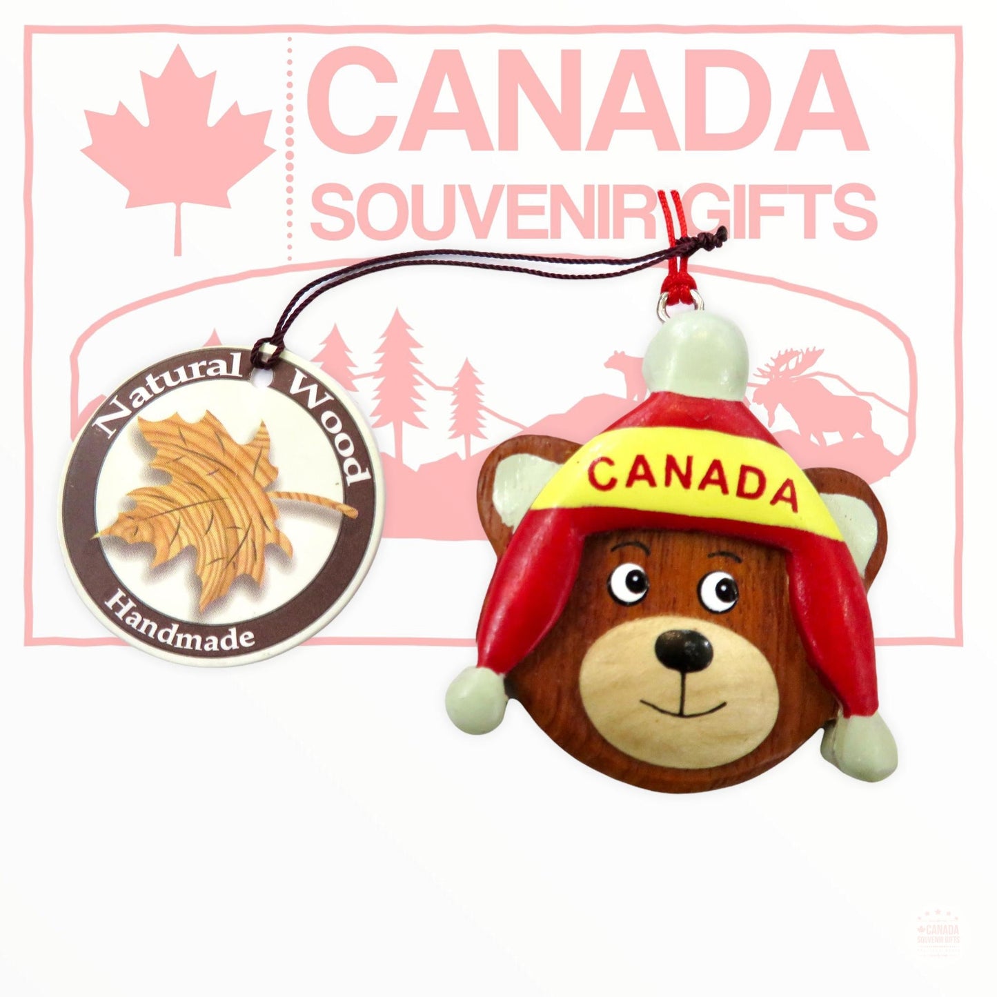 Porte-clés en bois naturel - Porte-clés en bois tête d’ours canadien porte-clés fait à la main