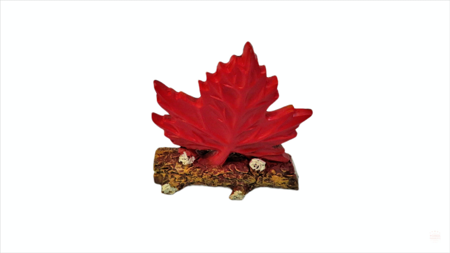 Orange Maple Leaf with Wood Log Shaped Stand and Canada Flag Art Decoration Ceramic