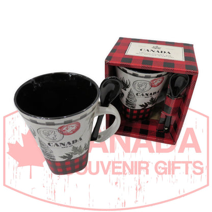 12 Oz Canada Ceramic Buffalo Plaid Coffee Mug with Black Spoon | Set for Home, Office, Camping, Traveling | Canadian Cups for Hot and Cold Drinks | Tea Cup with Gift Box