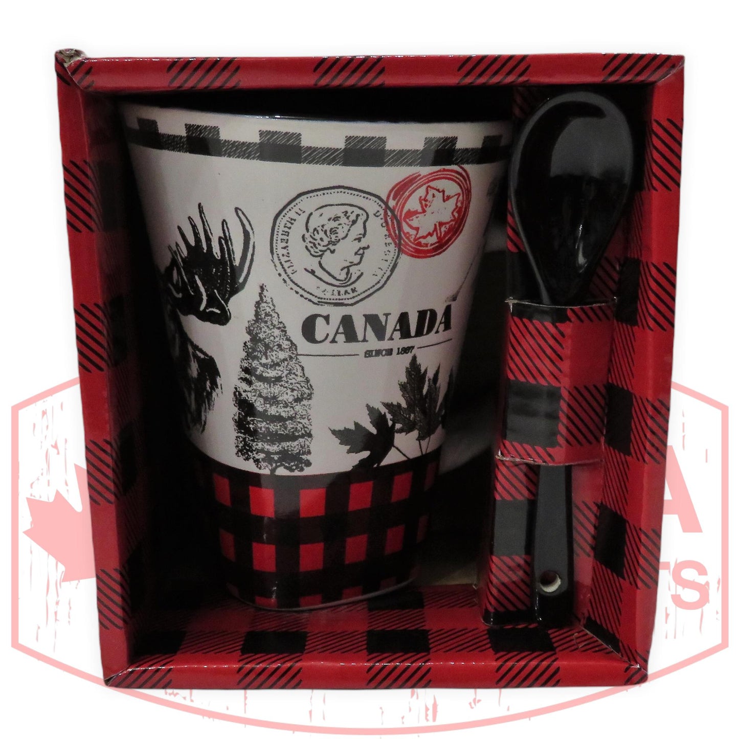 12 Oz Canada Ceramic Buffalo Plaid Coffee Mug with Black Spoon | Set for Home, Office, Camping, Traveling | Canadian Cups for Hot and Cold Drinks | Tea Cup with Gift Box