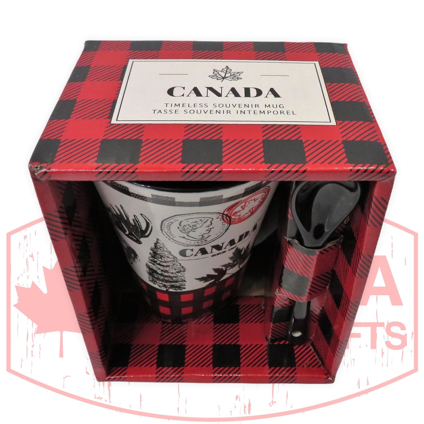 12 Oz Canada Ceramic Buffalo Plaid Coffee Mug with Black Spoon | Set for Home, Office, Camping, Traveling | Canadian Cups for Hot and Cold Drinks | Tea Cup with Gift Box