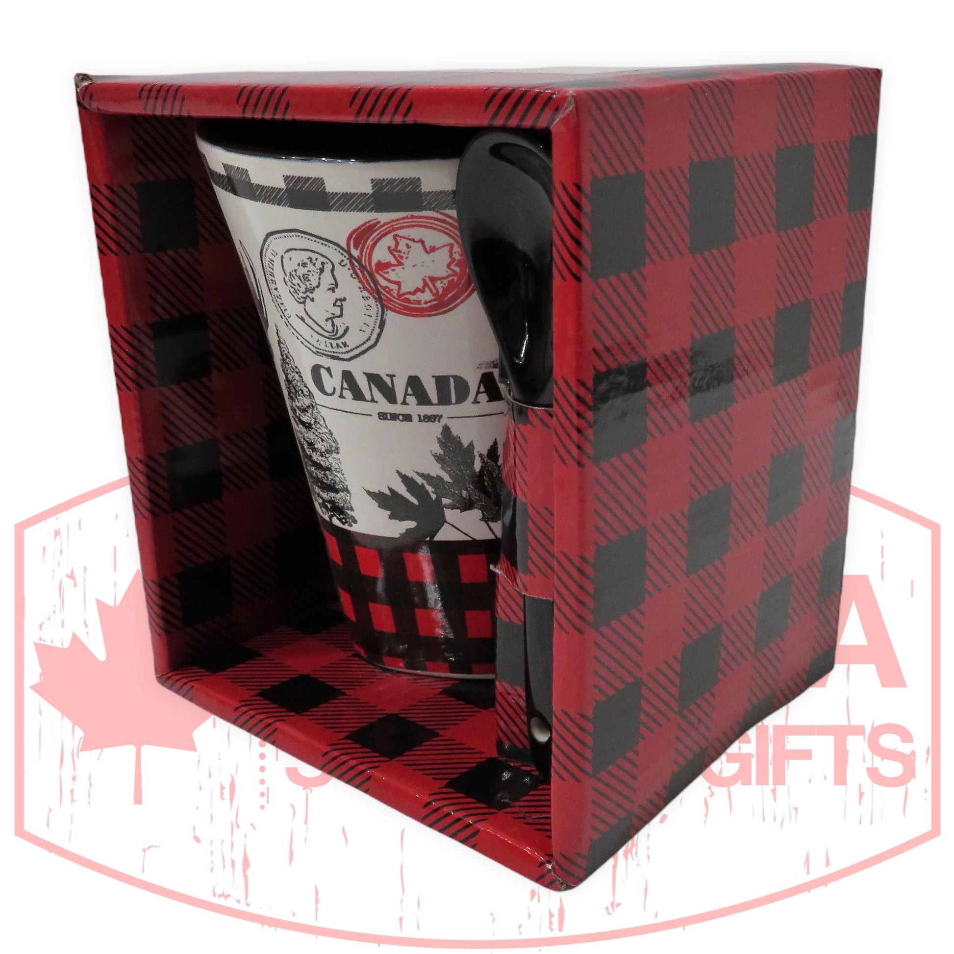 12 Oz Canada Ceramic Buffalo Plaid Coffee Mug with Black Spoon | Set for Home, Office, Camping, Traveling | Canadian Cups for Hot and Cold Drinks | Tea Cup with Gift Box