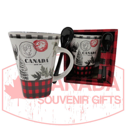 12 Oz Canada Ceramic Buffalo Plaid Coffee Mug with Black Spoon | Set for Home, Office, Camping, Traveling | Canadian Cups for Hot and Cold Drinks | Tea Cup with Gift Box