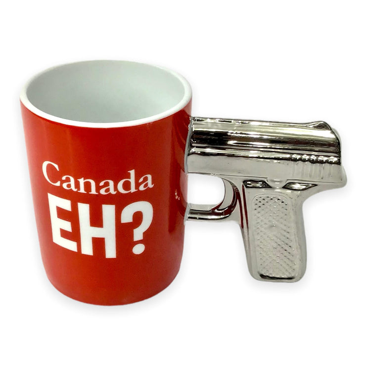 13oz Canada Eh? Ceramic Coffee Mugs 2 Colors Silver and Red Gun Mugs | Silver Gun Shaped Handle| Silver Handle Funny Pistol Mug | Special Cool Gun Coffee Mug