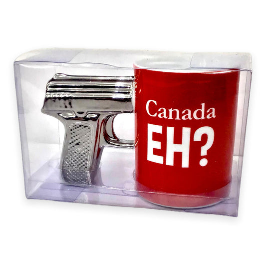 13oz Canada Eh? Ceramic Coffee Mugs 2 Colors Silver and Red Gun Mugs | Silver Gun Shaped Handle| Silver Handle Funny Pistol Mug | Special Cool Gun Coffee Mug