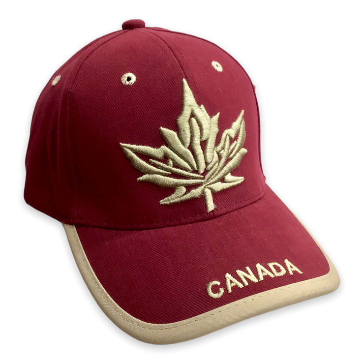 Canada Baseball Sports Cap - Beige Maple Leaf Embroidered on Burgundy Adjustable Hat