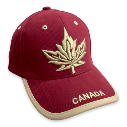 Canada Baseball Sports Cap - Beige Maple Leaf Embroidered on Burgundy Adjustable Hat