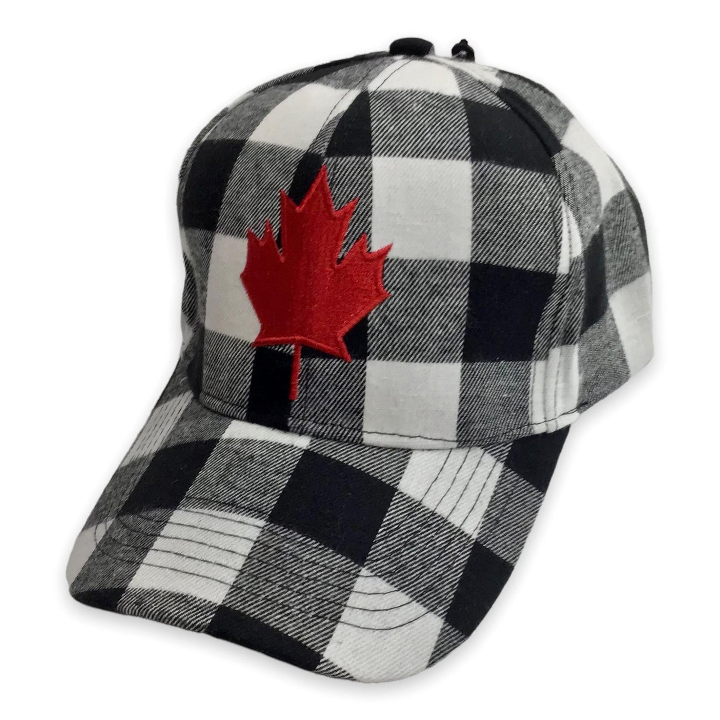 Baseball Cap Adult Adjustable - Buffalo Plaid Red and Black with White Embroidery Maple Leaf