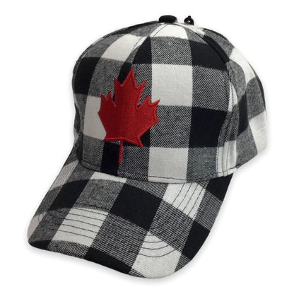 Baseball Cap Adult Adjustable - Buffalo Plaid Red and Black with White Embroidery Maple Leaf