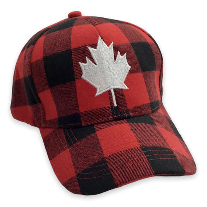 Casquette Baseball Adulte Ajustable - Buffalo Plaid Rouge et Noir avec Feuille d'érable Brodée Blanche