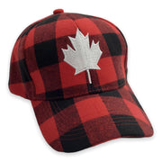 Baseball Cap Adult Adjustable - Buffalo Plaid Red and Black with White Embroidery Maple Leaf