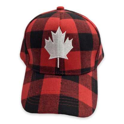 Baseball Cap Adult Adjustable - Buffalo Plaid Red and Black with White Embroidery Maple Leaf