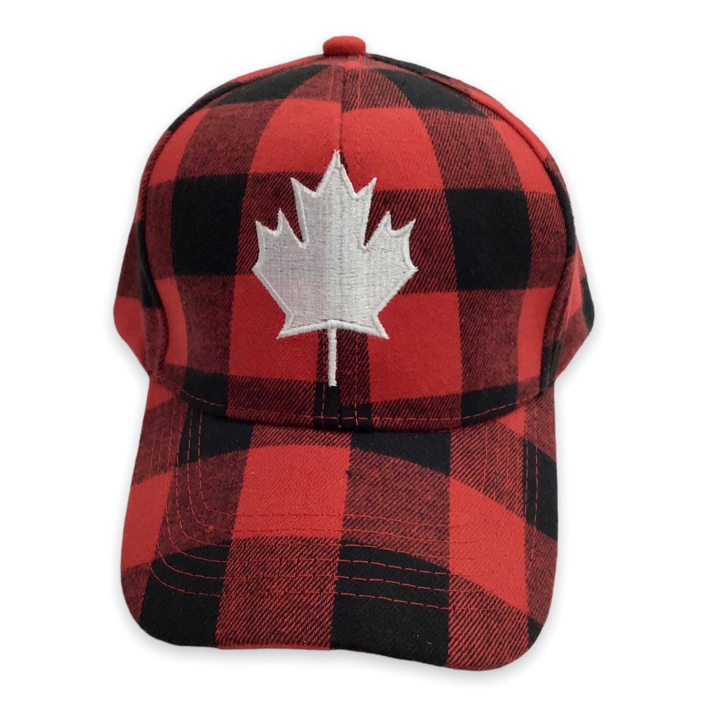 Baseball Cap Adult Adjustable - Buffalo Plaid Red and Black with White Embroidery Maple Leaf