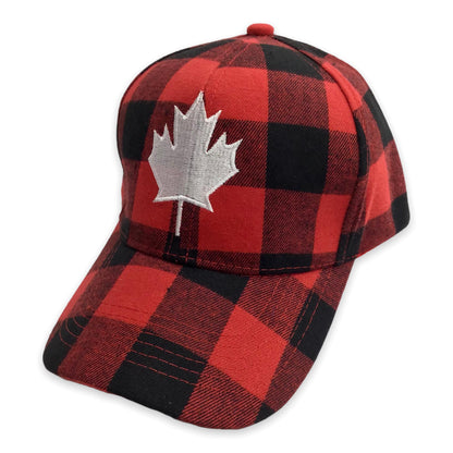 Baseball Cap Adult Adjustable - Buffalo Plaid Red and Black with White Embroidery Maple Leaf