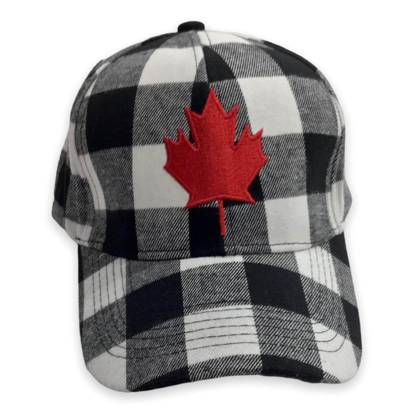 Baseball Cap Adult Adjustable - Buffalo Plaid Red and Black with White Embroidery Maple Leaf