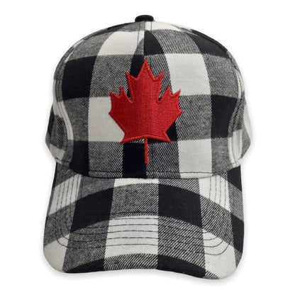 Casquette Baseball Adulte Ajustable - Buffalo Plaid Rouge et Noir avec Feuille d'érable Brodée Blanche