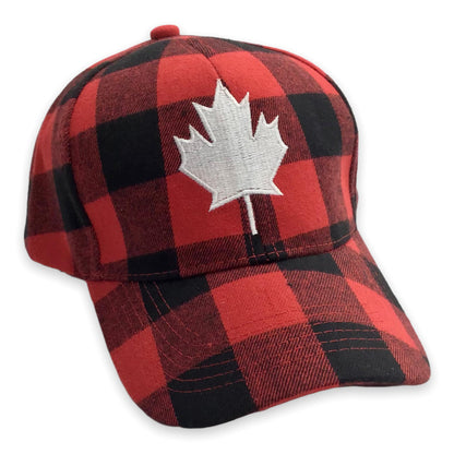 Casquette Baseball Adulte Ajustable - Buffalo Plaid Rouge et Noir avec Feuille d'érable Brodée Blanche