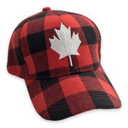 Baseball Cap Adult Adjustable - Buffalo Plaid Red and Black with White Embroidery Maple Leaf