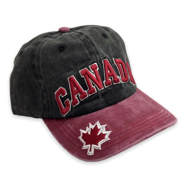 Baseball Cap Canada Maple Leaf Burgundy on Black Embroidery Adjustable Hat