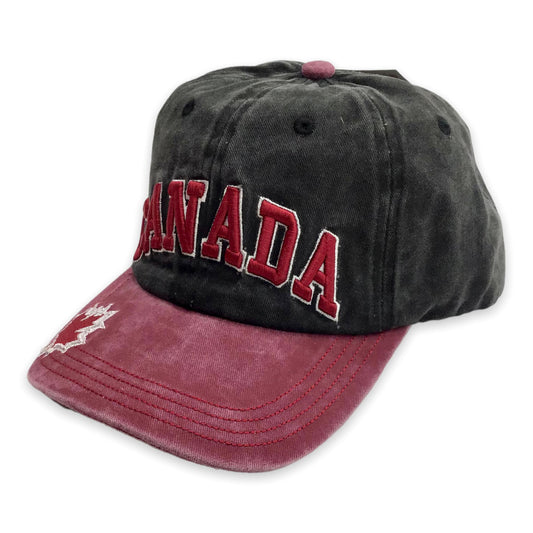 Baseball Cap Canada Maple Leaf Burgundy on Black Embroidery Adjustable Hat