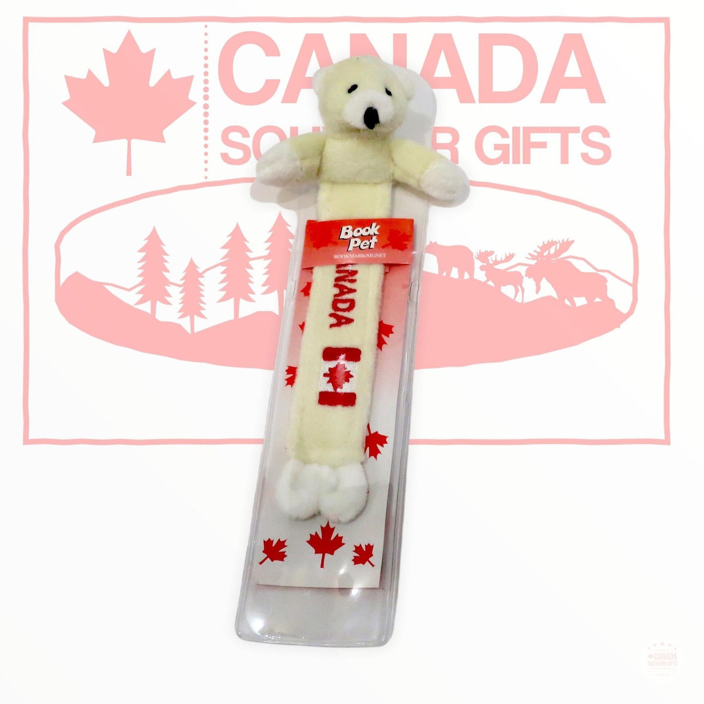 Black Bear Book Pet - Marque-page en peluche avec drapeau du Canada - Cadeau souvenir - Ours polaire blanc