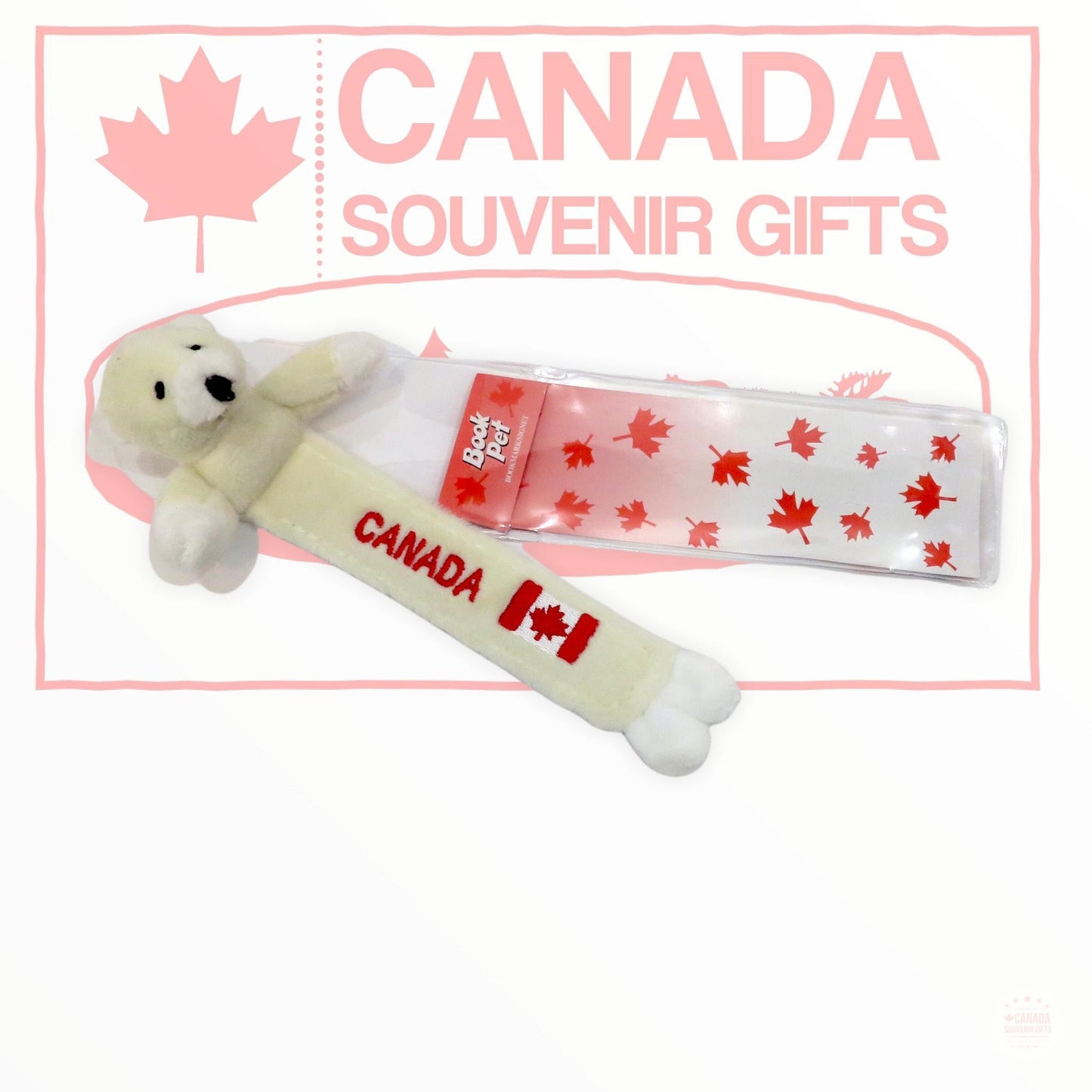 Black Bear Book Pet - Marque-page en peluche avec drapeau du Canada - Cadeau souvenir - Ours polaire blanc