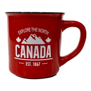 CANADA COFFEE MUG - EXPLORE THE NORTH WHITE PRINT W/ RED BACKGROUND TEA CUP 13 oz