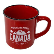 CANADA COFFEE MUG - EXPLORE THE NORTH WHITE PRINT W/ RED BACKGROUND TEA CUP 13 oz