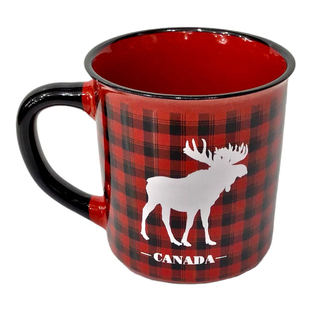 Coffee Mug Red And Black Check Ceramic Moose Theme Tea Cup