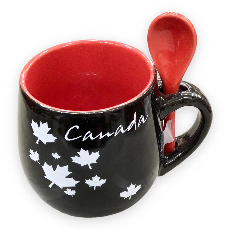 COFFEE MUG W/ SPOON RED & BLACK OR BLACK & RED CANADA MAPLE LEAF CERAMIC 13oz