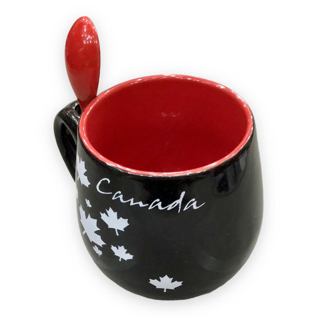 Coffee Mug W/ Spoon Red & Black Or Black & Red Canada Maple Leaf Ceramic