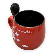 COFFEE MUG W/ SPOON RED & BLACK OR BLACK & RED CANADA MAPLE LEAF CERAMIC 13oz