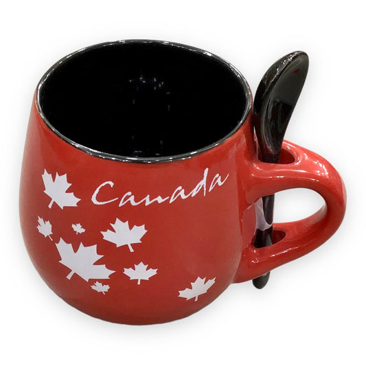 Coffee Mug W/ Spoon Red & Black Or Black & Red Canada Maple Leaf Ceramic