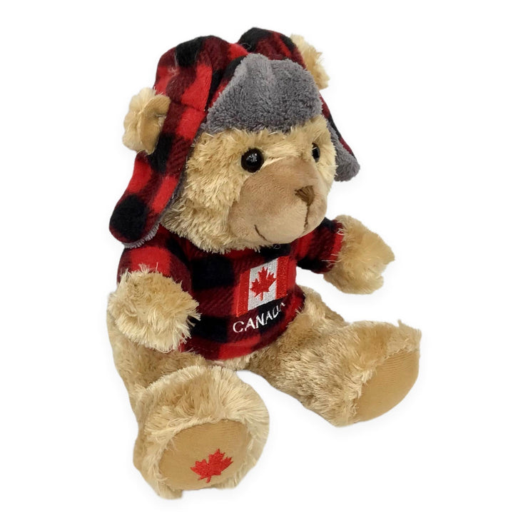Canada Bear Stuffed Animal 10” with Buffalo Plaid Top and Hat | Canadian Flag and Name Drop Embroidery | Teddy Bear Stuffed Plush Toy | Soft Cuddly Stuffed Bear for Baby, Boys and Girls