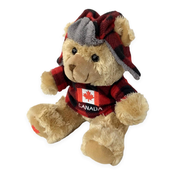 Canada Bear Stuffed Animal 10” with Buffalo Plaid Top and Hat | Canadian Flag and Name Drop Embroidery | Teddy Bear Stuffed Plush Toy | Soft Cuddly Stuffed Bear for Baby, Boys and Girls