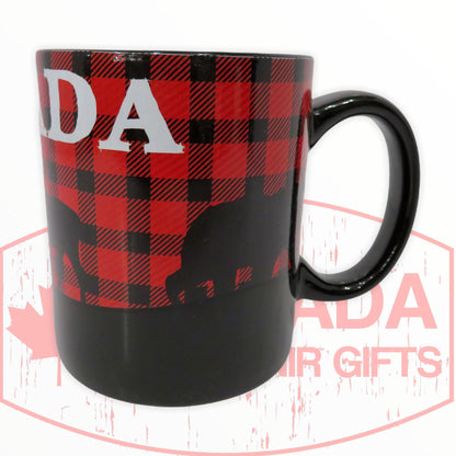 Canada Bear, Wolf Buffalo Plaid Moose Mug - Red and Black Ceramic Coffee Cup - Montreal Themed