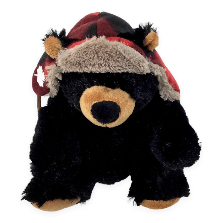 Canada Black Teddy Bear Plush Toy | Black Teddy Bear with Buffalo Plaid Flap Hat | Soft Stuffed Animal Baby Toy | Realistic Stuffed Small Teddy Bear Animal Toy | Mini Plush Animal Toy for Kids