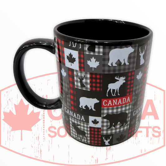 Canada Coffee Mug with Canadian Highlights - Moose, Bear, Deer and Maple Leaf - Plaid Themed Design