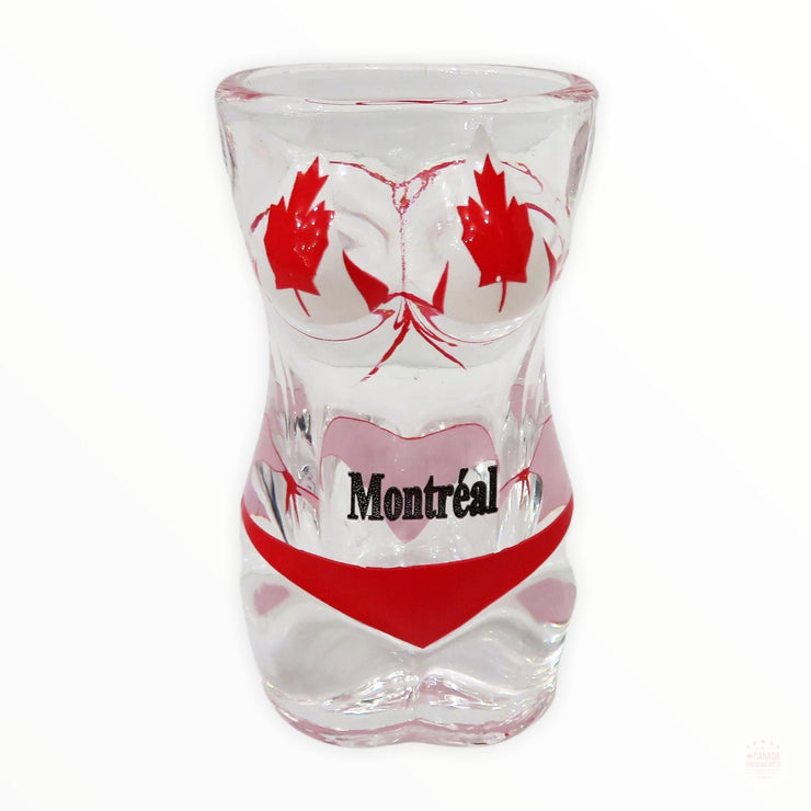 Canada Flag Full Bikini Shot Glass Souvenir Gift - Montreal Flag Bikini Shot Glass, Canadian Landmarks- Icons Collage Red Bottom Shot Glass