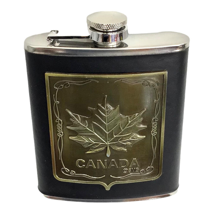 Canada Maple Leaf Vintage Hip Flask for Liquor 7 Oz with Funnel - Leak Proof Food Grade 18/8 Stainless Steel - Brown Leather Cover for Discrete Pocket Shot Drinking of Whiskey, Rum and Vodka | Ideal Gift for Men