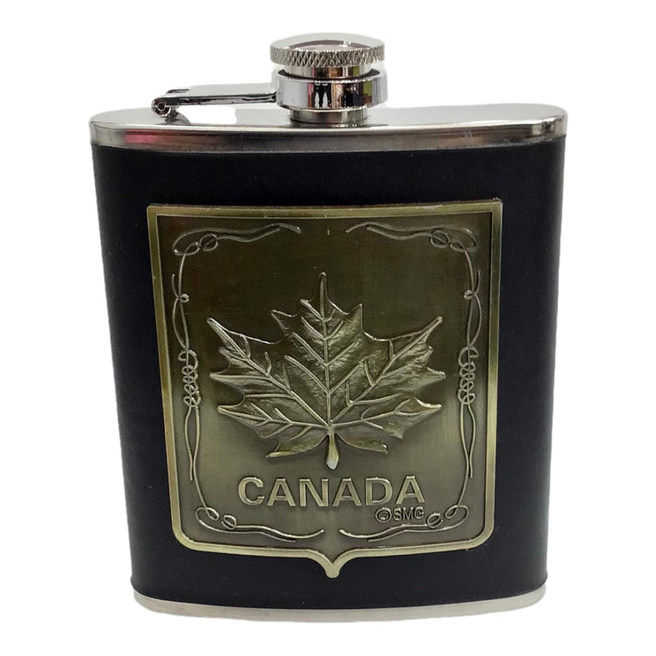 Canada Maple Leaf Vintage Hip Flask for Liquor 7 Oz with Funnel - Leak Proof Food Grade 18/8 Stainless Steel - Brown Leather Cover for Discrete Pocket Shot Drinking of Whiskey, Rum and Vodka | Ideal Gift for Men