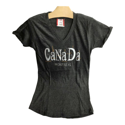 Canada Montréal Rhinestone & Print Mixed Women’s Charcoal T Shirt V Neck